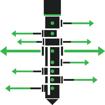 Abstract technical diagram with green arrows and black shapes