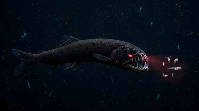 Deep sea dragonfish with glowing red eyes hunting small marine organisms in the dark abyss