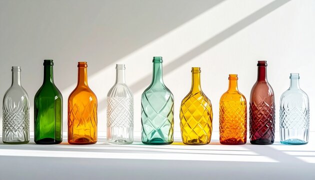 Assorted glass bottles of wine and spirits on white shelf.