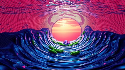 Fototapeta premium Abstract tunnel, vibrant colors, flowing shapes. Pink, blue hues create surreal, immersive experience. Light source visible.