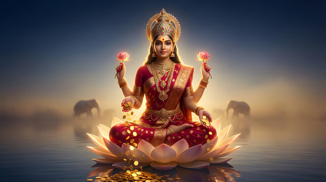 Lakshmi Mata seated on pink lotus with elephants and calm water devotional illustration background wallpaper