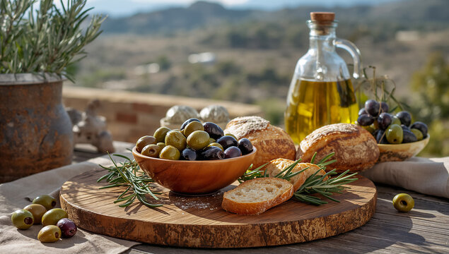 Delicious olives in a bowl, oil in a bottle, fresh bread on the table outdoors in Greece