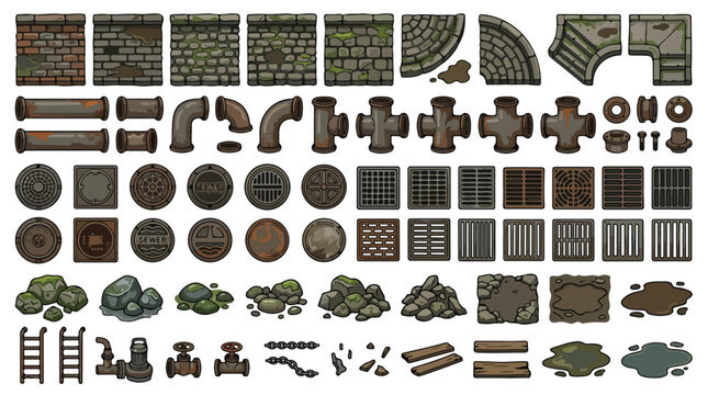 Top-down sewer game assets set, industrial dungeon environment vector kit, underground pipe and brick wall tiles for level design