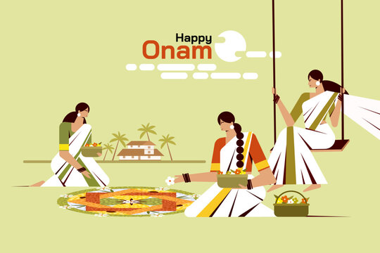Happy Onam vector illustration featuring women creating a traditional floral Pookalam, carrying flower baskets, and enjoying a swing, celebrating the harvest festival of Kerala, India