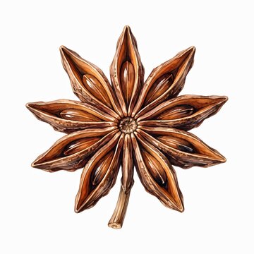 Star anise pod with stem watercolor illustration isolated on white background