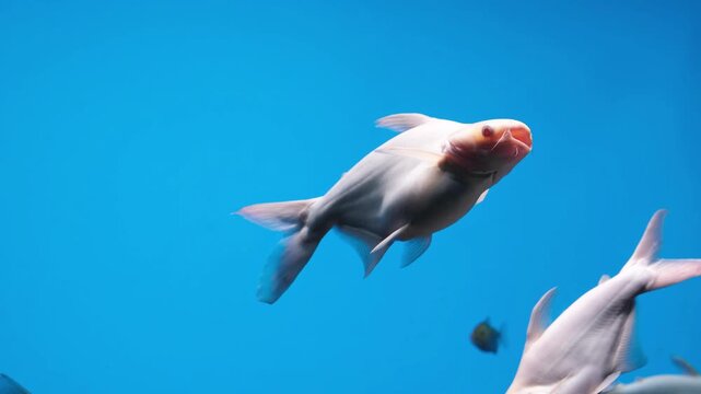 Albino iridescent shark swims gracefully through deep blue aquarium water. Exotic freshwater fish displays distinctive barbels and smooth pale skin texture in underwater habitat environment.