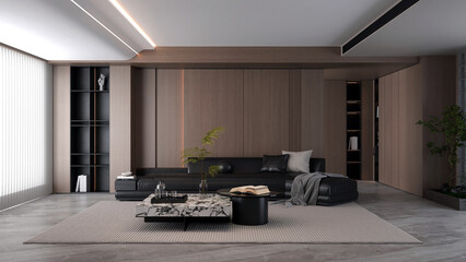 Modern house and living room Interior with Natural Light and Elegant Furniture. 3d render