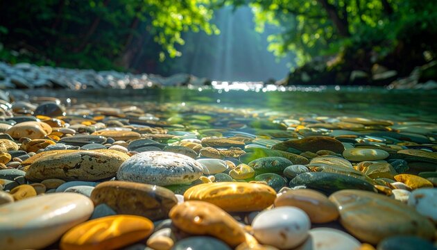 Serene mountain stream with smooth river stones and clear water.