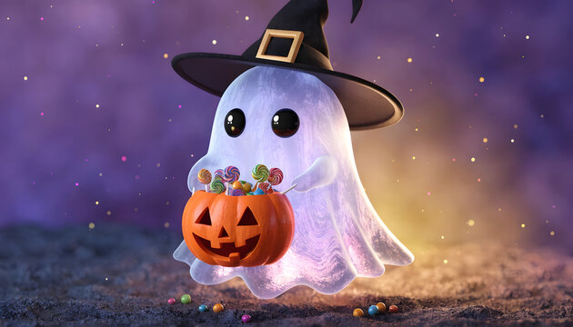 Cute 3d ghost character wearing a witch hat and holding a carved pumpkin filled with colorful lollipops for halloween celebration