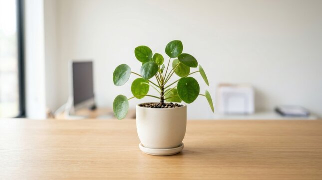 Pilea plant in pot on table with blurred office background green leaves round leaves.