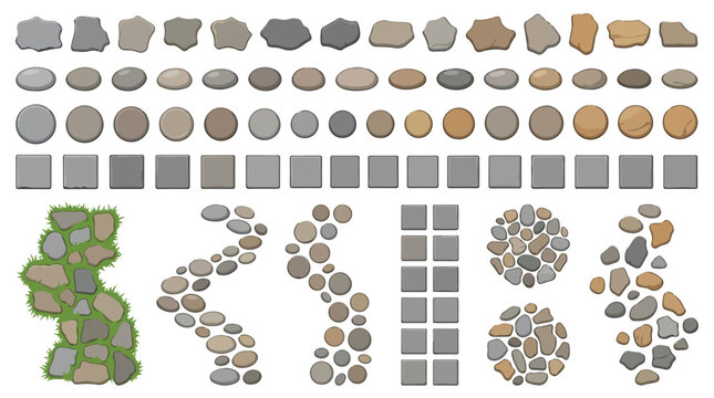 Natural stone walkway elements, garden stepping stones and pebble path vector set, grey and brown rock paving icons for landscape design