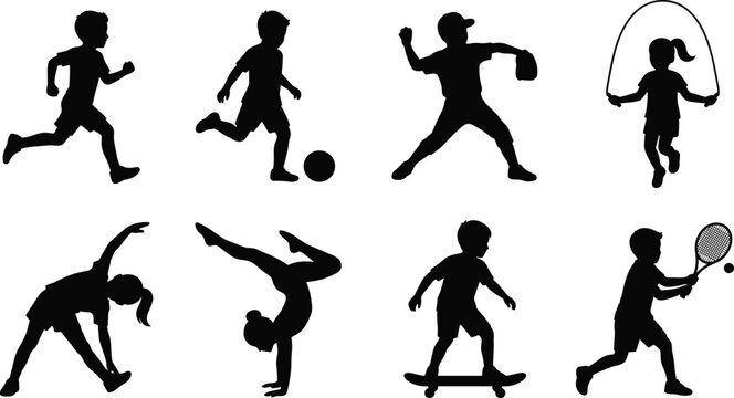Kids Sports and Fitness Silhouette Collection with Running Soccer Tennis Gymnastics and Skateboarding Vector Set