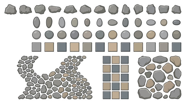 Natural stone textures and cobblestone path vector set, grey rock elements and pebble icons, garden landscaping pavement materials for game design