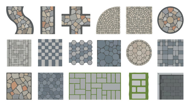 Stone paving patterns and walkway textures, set of 17 garden path vector elements, top view cobblestone and flagstone pavement designs for landscape architecture