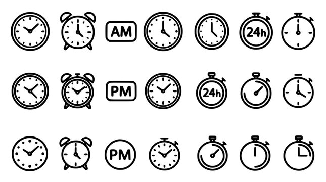 Clock Icons Set with Alarm Timers and Time Markers for Am Pm Schedules in Minimal Line Design Featuring Icon, Timing, Schedule