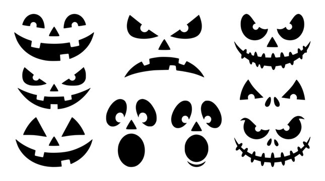 Collection of Spooky Halloween Jack O Lantern Face Silhouettes for Holiday Design