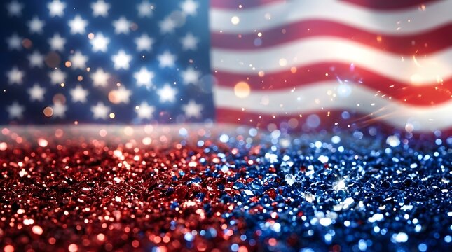 American flag with red and blue glitter background for patriotic events