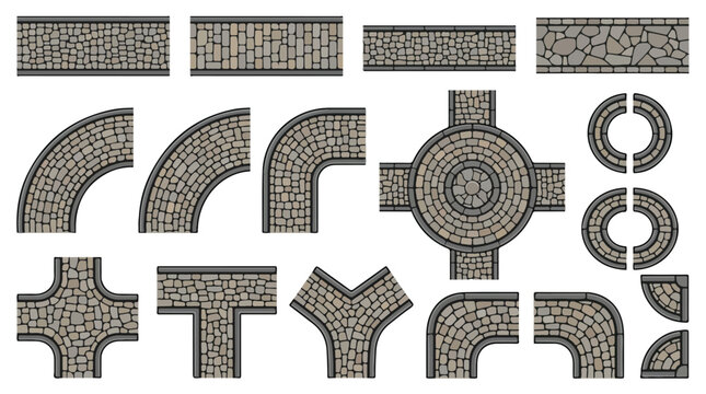 Cobblestone road constructor set with stone pavement segments, medieval street path vector elements, grey rock walkway textures for map design