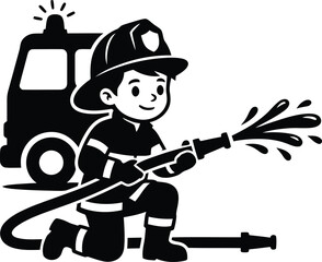 Obraz premium A cute cartoon firefighter holding a water hose to extinguish flames with a fire truck parked in the setting.