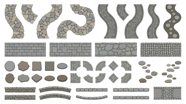 Stone path vector collection, cobblestone walkway and garden pavement elements, grey rock road textures for landscape design and map building