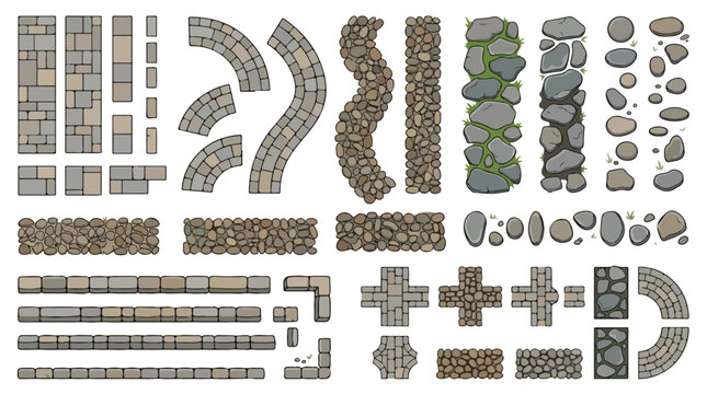 Stone path vector set, cobblestone walkway and garden pavement elements, grey rock road textures for landscape design and map creation