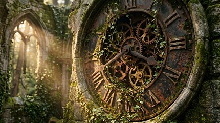 Obraz premium Ancient rusty clock mechanism overgrown with ivy in a ruined stone archway