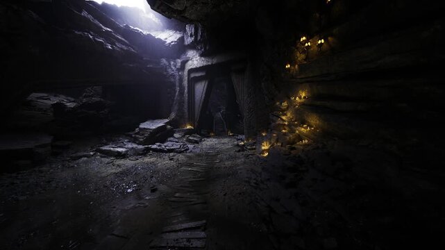 hidden cave chamber lit by narrow light shaft, damp floor with puddles, warm wall lights casting soft glow, rugged rock formations and shadowed alcoves, eerie