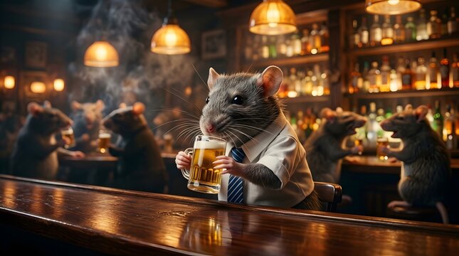 Anthropomorphic Rat Wearing a Tie Drinking Beer in a Dimly Lit Pub Bar