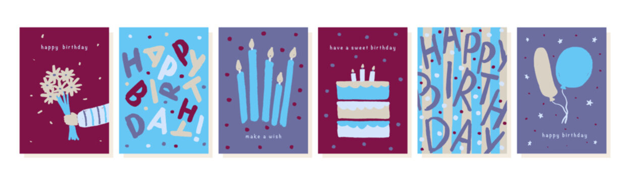 Set of greeting cards for birthday celebration. Hand drawn trendy cartoon cake, happy birthday lettering. Vector illustration