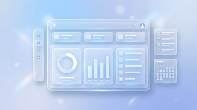 Glassmorphism UI dashboard with futuristic blue hues and data visualization elements