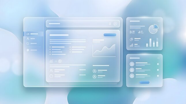 Glassmorphism UI dashboard with futuristic blue hues and data visualization elements