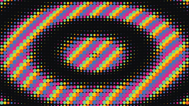 Abstract background featuring colorful halftone circles forming concentric oval patterns.