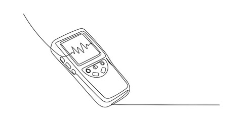 Continuous one line drawing of a portable handheld medical heart rate monitor device showing a pulse wave on screen © Shreemoti