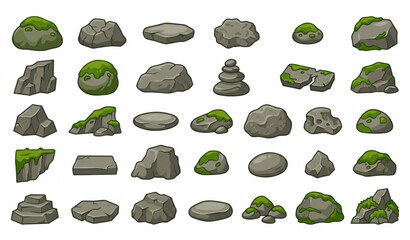 Jungle Rock and Moss Stone Cartoon Vector Set with Natural Forest Boulder Collection © MDSAKIB