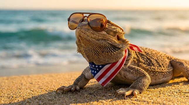 Bearded dragon wearing sunglasses and american flag bandana at the beach