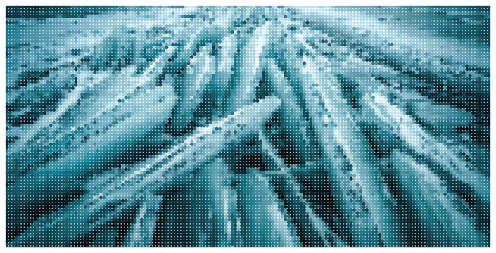 Abstract halftone winter landscape with geometric dots in blue shades.