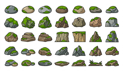 Forest Mossy Rock Collection Cartoon Flat Vector Illustration with Jungle Stone Elements © MDSAKIB