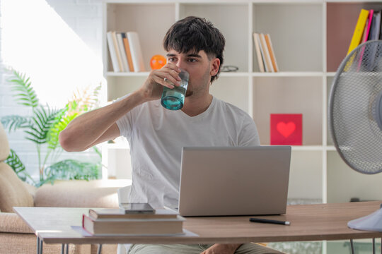 Young man at home drinking at his desk with a laptop