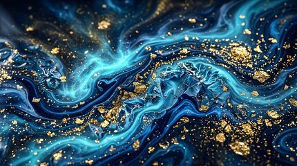 Obraz premium Blue and gold abstract liquid marble texture with flowing swirls and glitter