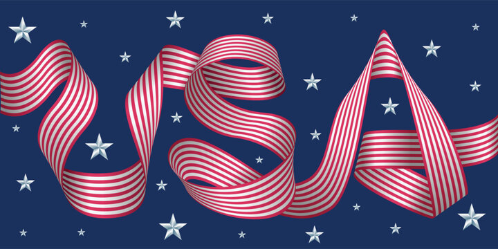 Red and white long flag rolling to USA letter shape on blue background with star around vector design