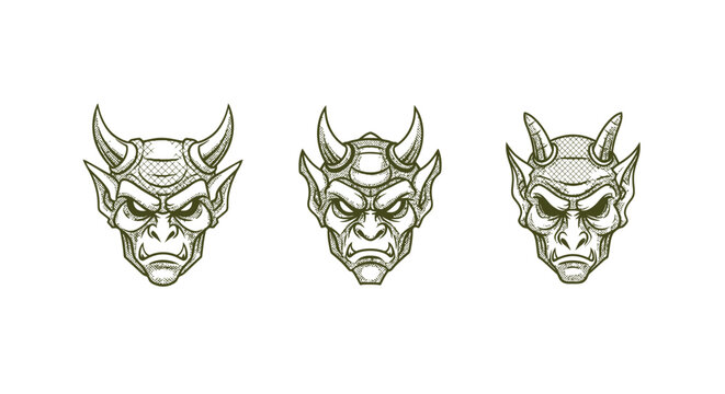 Three Fierce Demon Faces with Horns and Sharp Teeth.