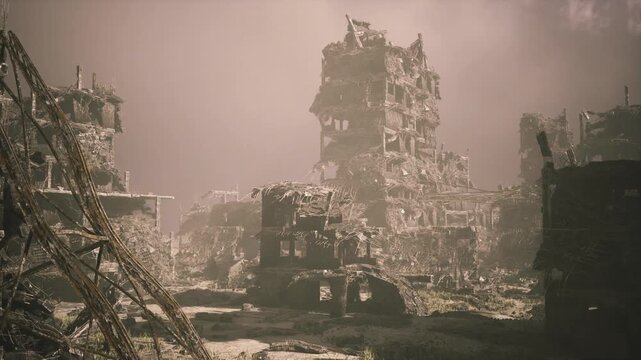 towering highrise shell with exposed floors and shattered windows, vines creeping across facade, heavy vertical lines and haunting emptiness conveying monument