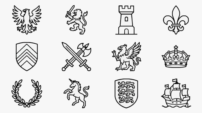 Dynamic Black and White Line Drawing Collection of Heraldic Symbols Mythical Creatures and Emblems