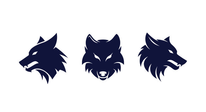 Three stylized wolf head silhouettes in dark blue.