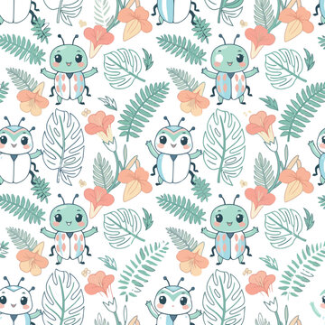 Cute cartoon beetles and tropical leaves seamless pattern