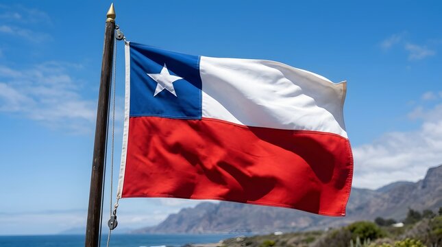Chilean flag waving on a pole against a blue sky and mountain landscape