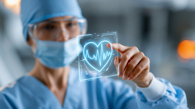 Faceless female surgeon in blue scrubs and cap pointing at glowing holographic heart rate display with ECG line in hospital room, cardiac surgery concept, medical technology