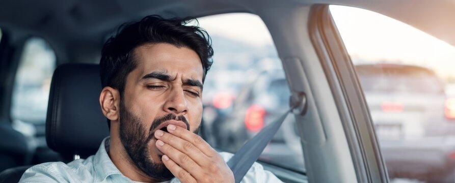 Tired man yawning while stuck in traffic. Exhausted driver covers mouth in car during commute. banner format