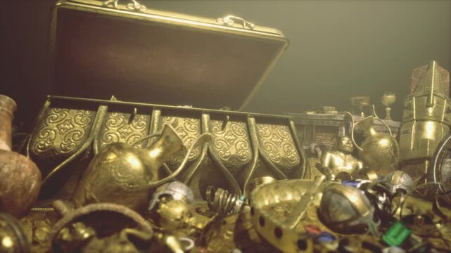 antique chest with jewelry flatlay, soft studio lighting highlights necklace, bracelet and crown, premium luxury campaign styling for boutique display