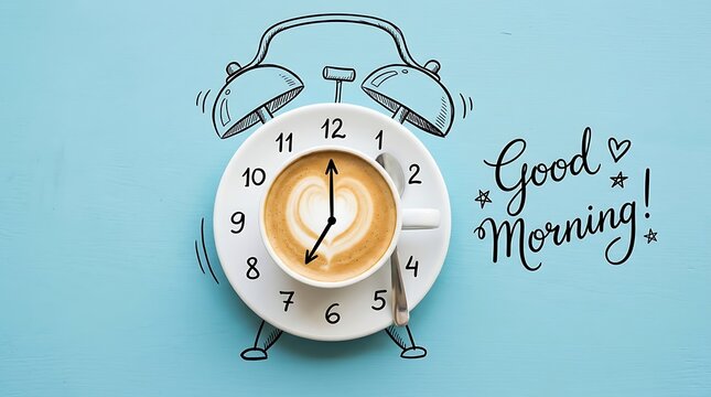 Cup of latte art coffee with alarm clock drawing for good morning, espresso